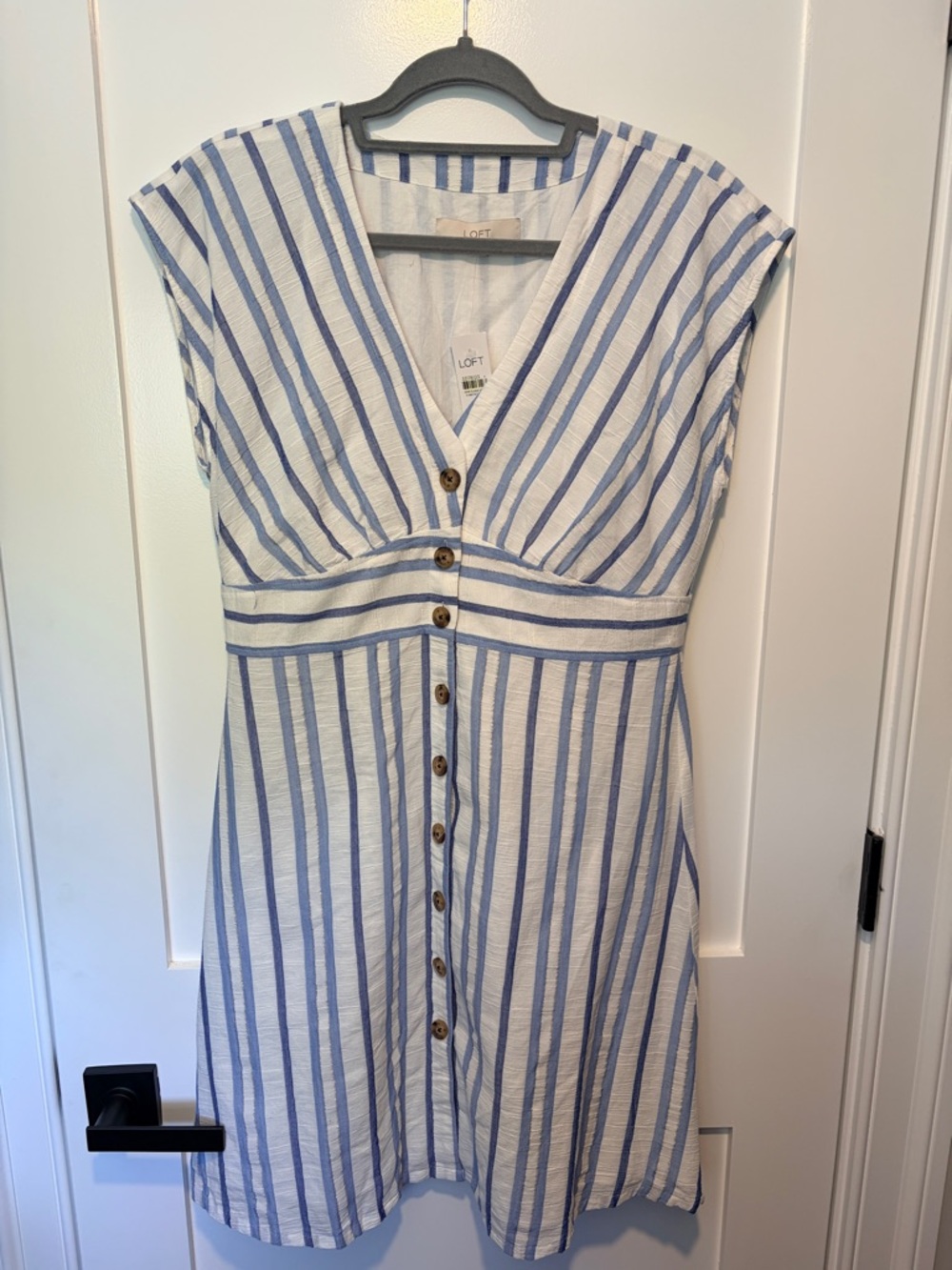 LOFT White and Blue Striped V-Neck Button-Front Midi Dress